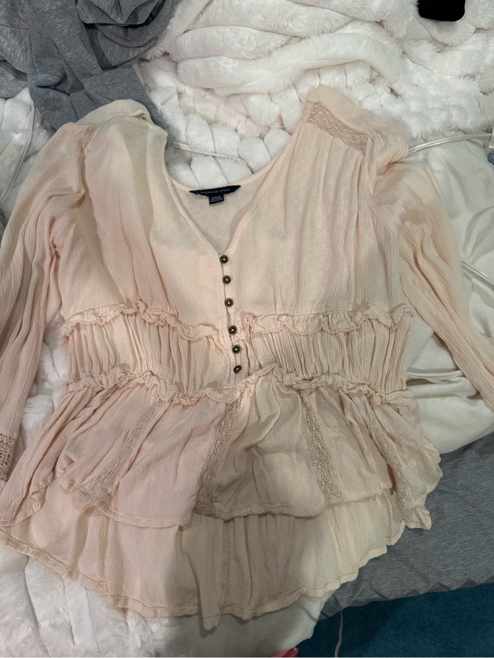 Delicate Cream Peasant Blouse with Button Front